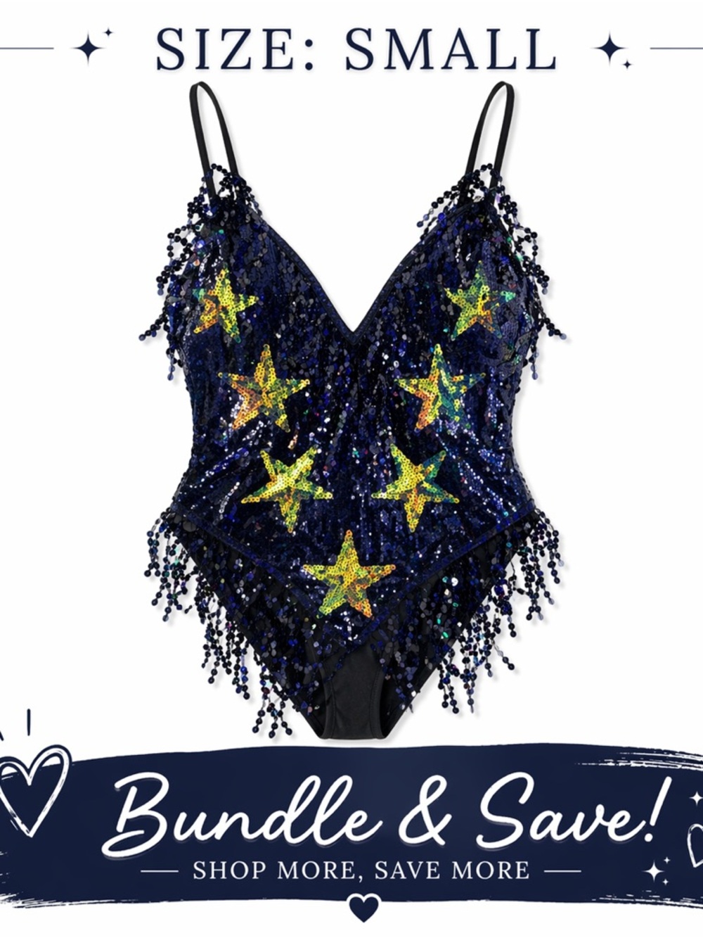 Navy Blue & Black Sequin Star Fringe Bodysuit Festival Rave Size Small NWT